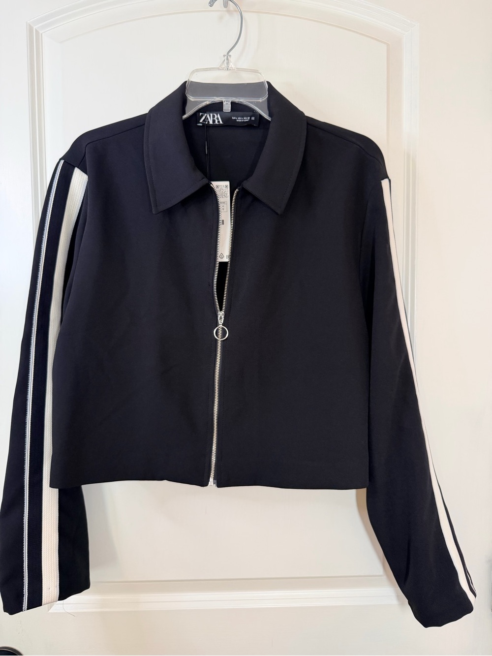 ZARA Black Cropped Bomber Jacket with White Sleeve Stripes NWT Size Large